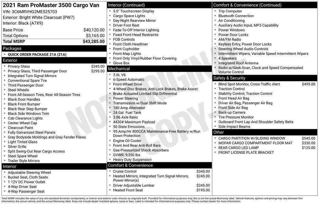 used 2021 Ram ProMaster 3500 car, priced at $26,995