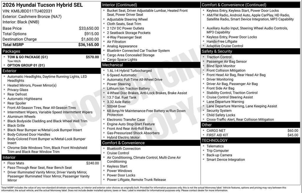 new 2026 Hyundai TUCSON Hybrid car, priced at $32,508