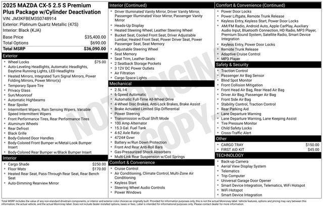new 2025 Mazda CX-5 car, priced at $36,836