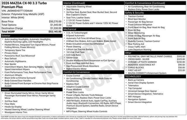 new 2026 Mazda CX-90 car, priced at $53,145