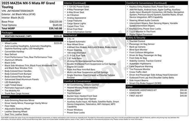new 2025 Mazda MX-5 Miata RF car, priced at $39,259
