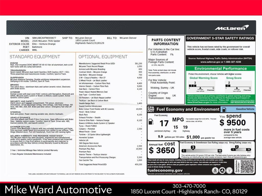 new 2026 McLaren 750S car, priced at $450,200