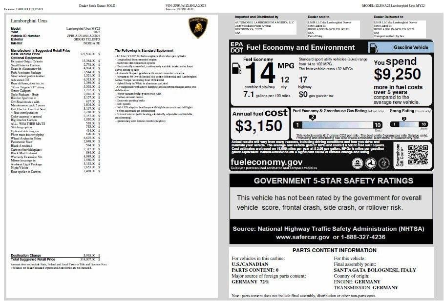 used 2022 Lamborghini Urus car, priced at $266,990