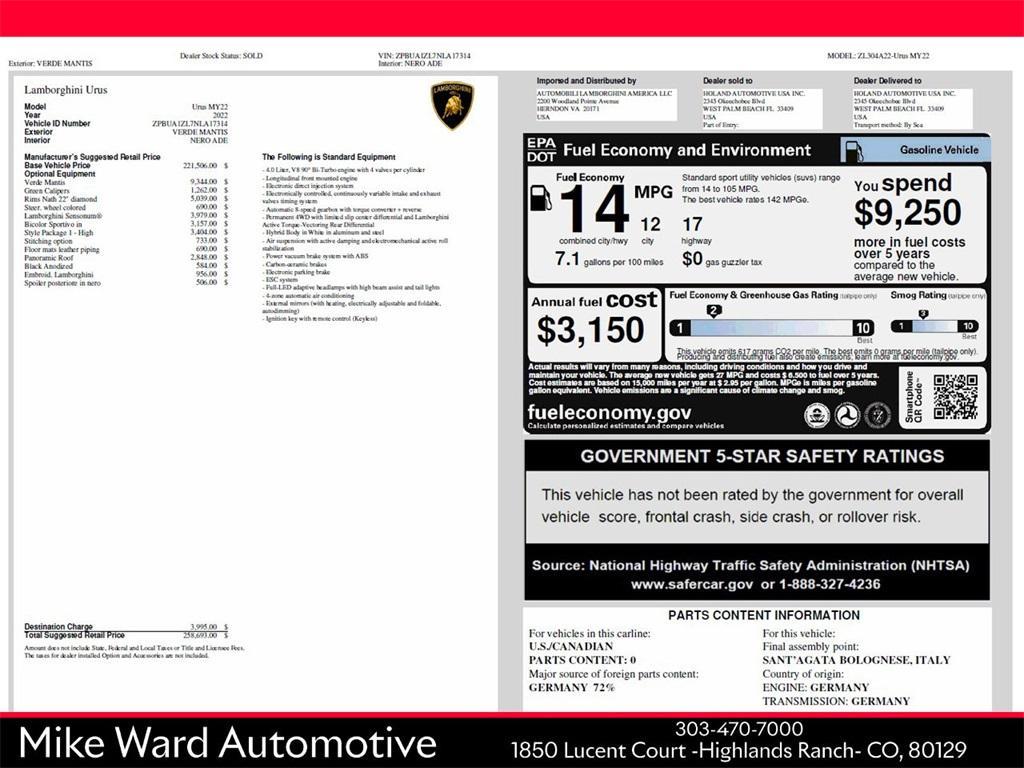 used 2022 Lamborghini Urus car, priced at $214,991