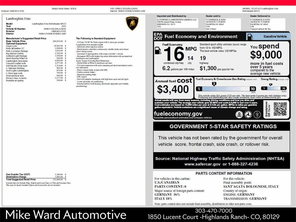used 2023 Lamborghini Urus car, priced at $284,991