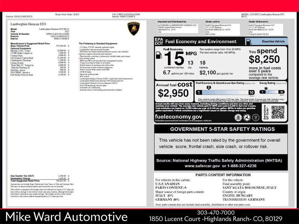 used 2023 Lamborghini Huracan Tecnica car, priced at $309,990