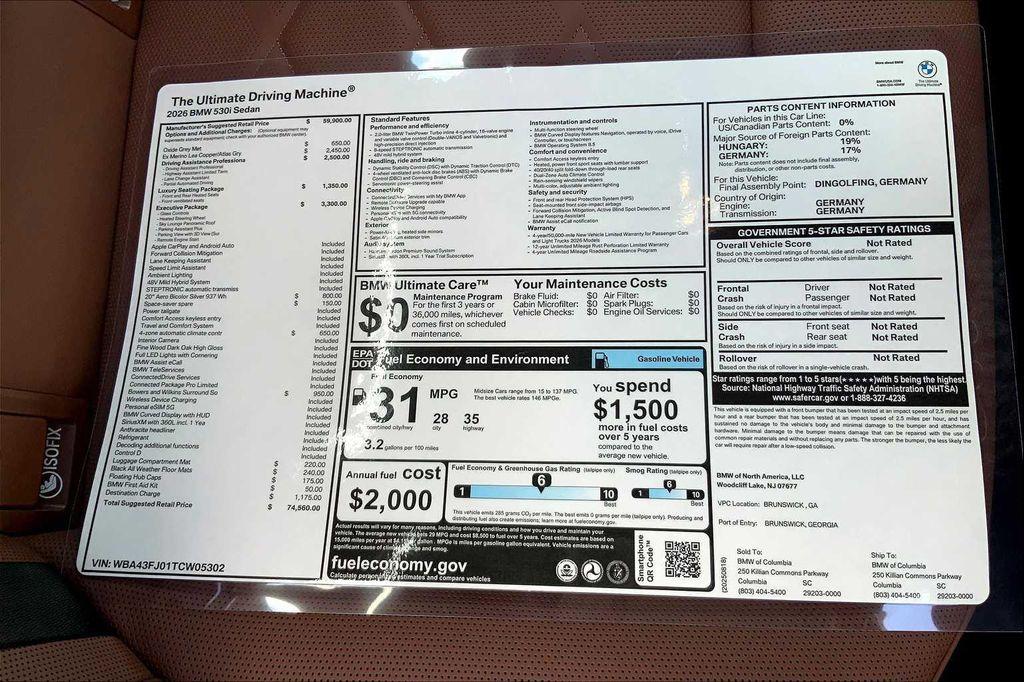 new 2026 BMW 530 car, priced at $74,560