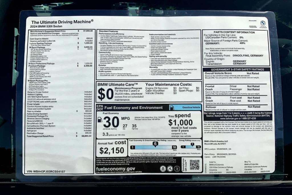 new 2024 BMW 530 car, priced at $68,895