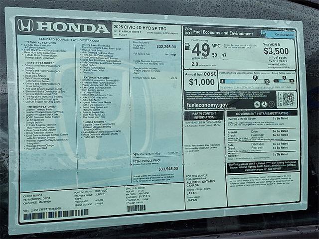 new 2026 Honda Civic Hybrid car, priced at $33,945