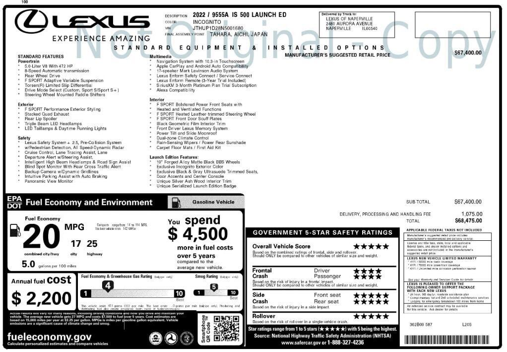 used 2022 Lexus IS 500 car, priced at $57,999