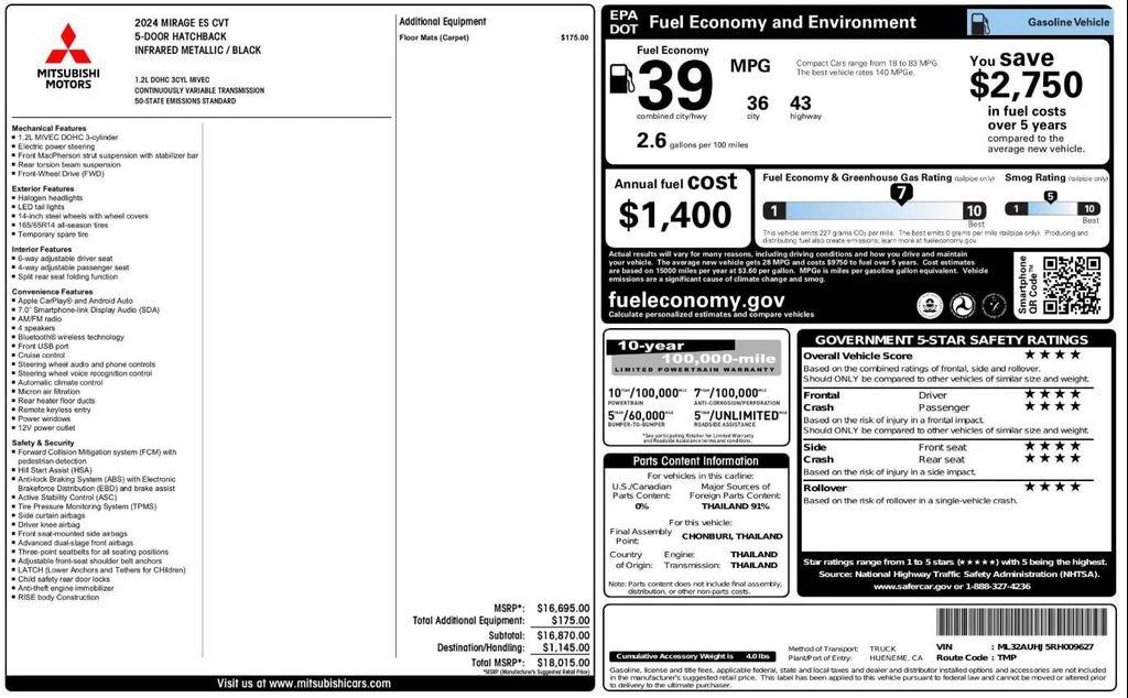 used 2024 Mitsubishi Mirage car, priced at $11,499