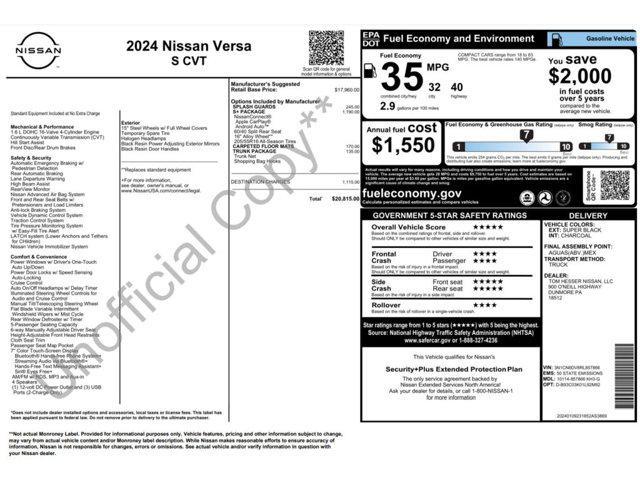 new 2024 Nissan Versa car, priced at $20,315