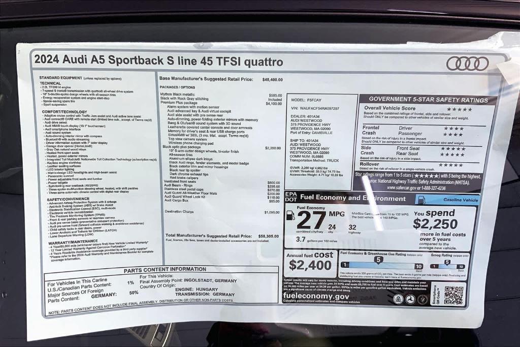 new 2024 Audi A5 Sportback car, priced at $58,305