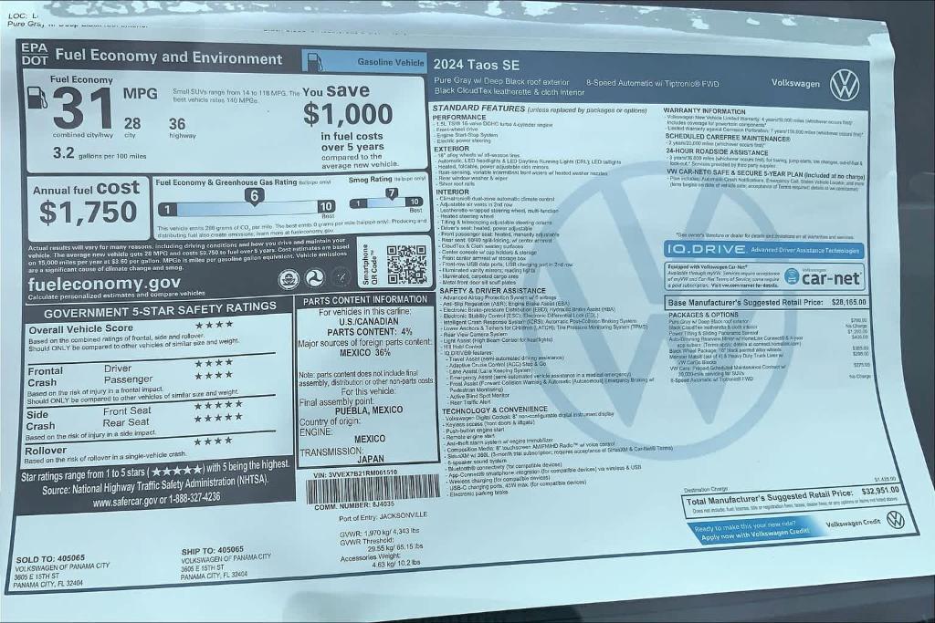 new 2024 Volkswagen Taos car, priced at $30,572