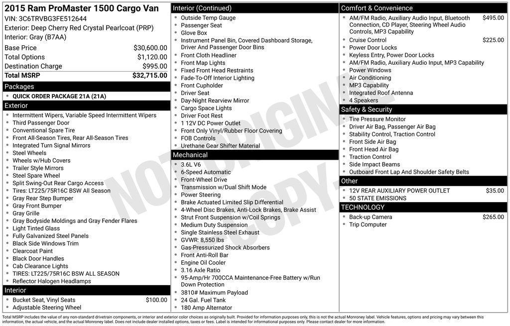 used 2015 Ram ProMaster 1500 car, priced at $16,500
