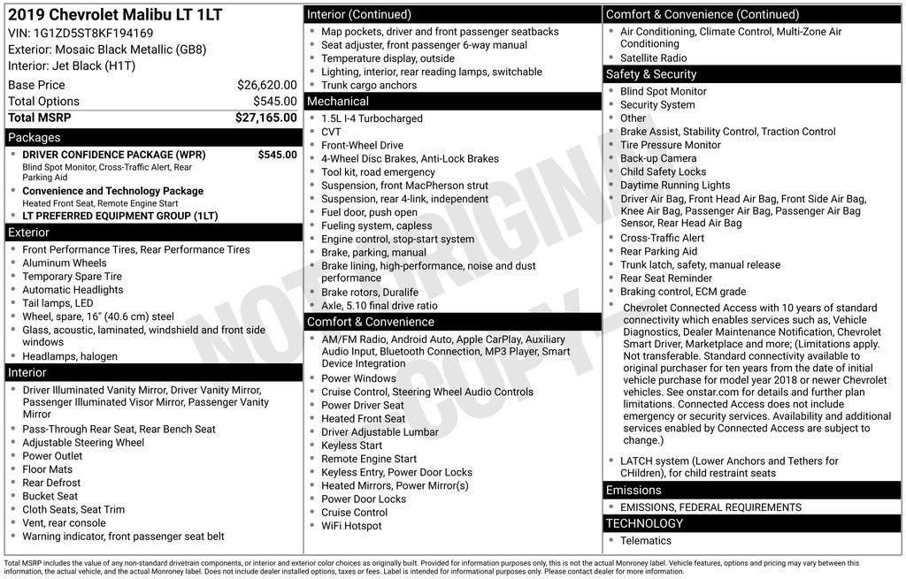used 2019 Chevrolet Malibu car, priced at $11,000