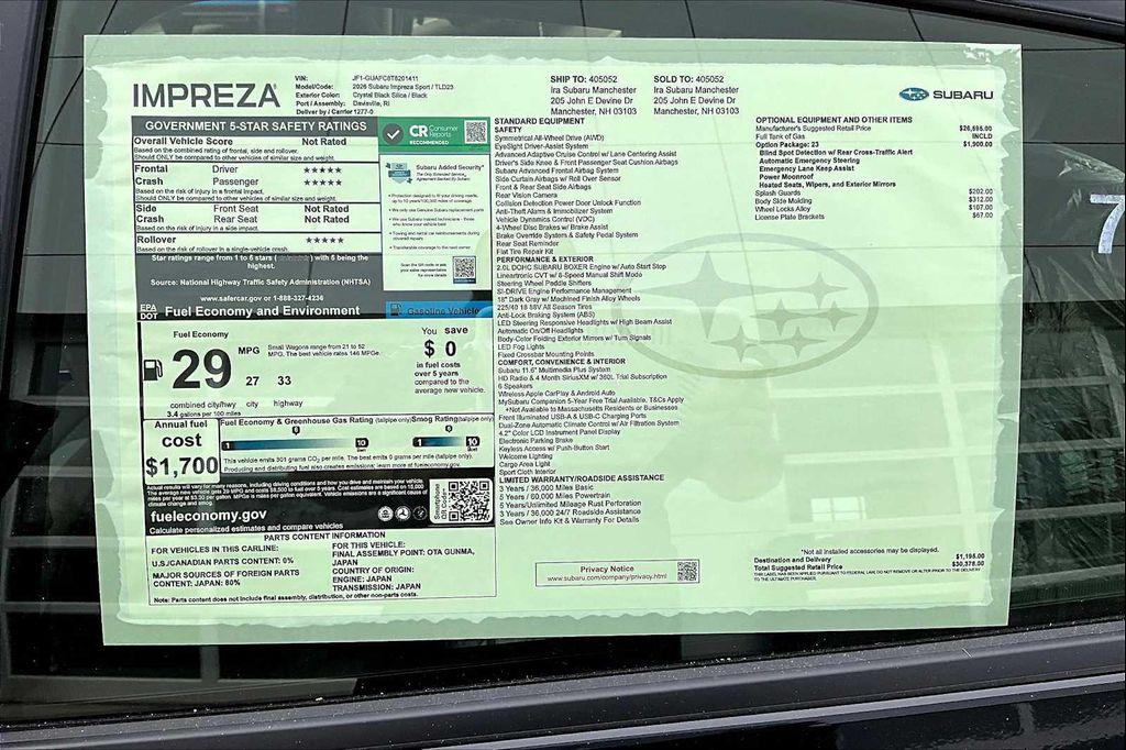 new 2026 Subaru Impreza car, priced at $30,378