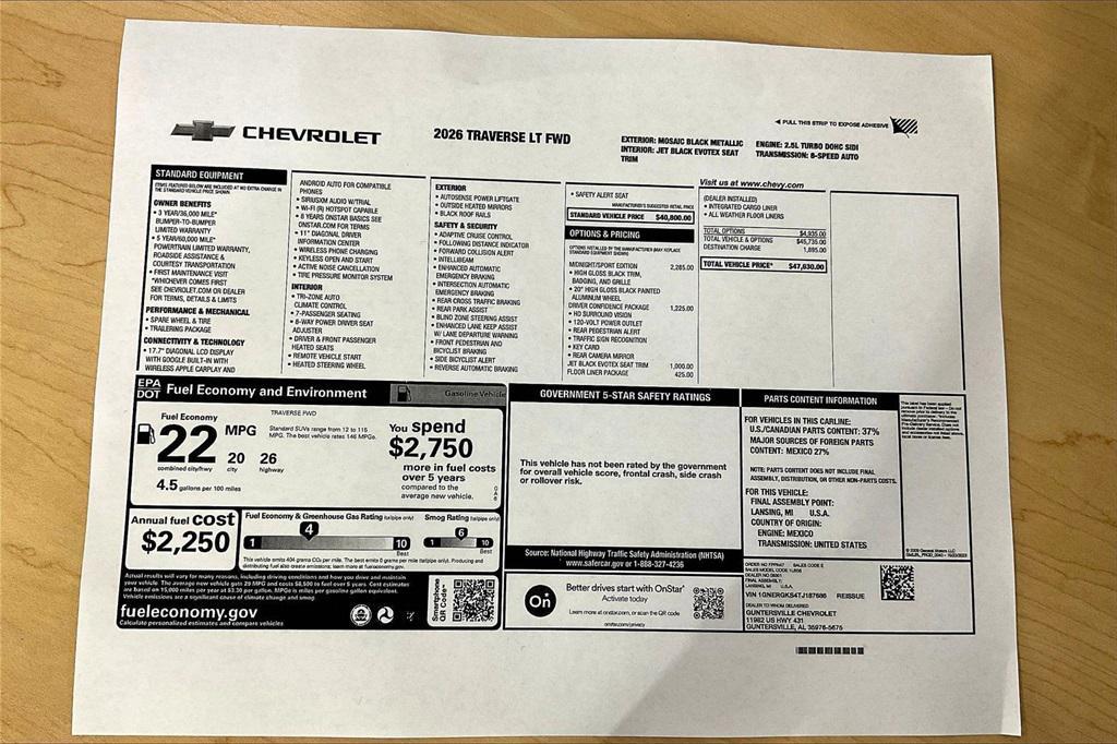new 2026 Chevrolet Traverse car, priced at $44,130