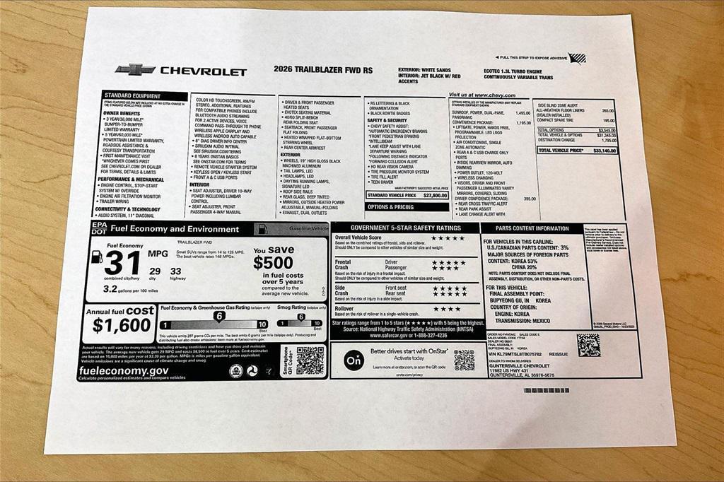new 2026 Chevrolet TrailBlazer car, priced at $31,890