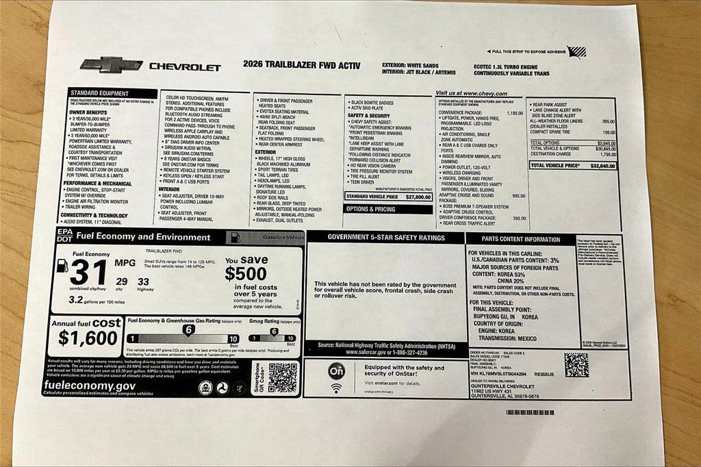 new 2026 Chevrolet TrailBlazer car, priced at $31,640