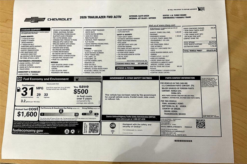 new 2026 Chevrolet TrailBlazer car, priced at $32,870