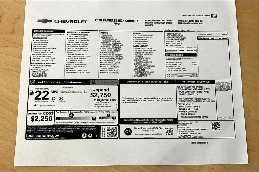 new 2026 Chevrolet Traverse car, priced at $56,415