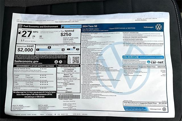 new 2024 Volkswagen Taos car, priced at $28,806