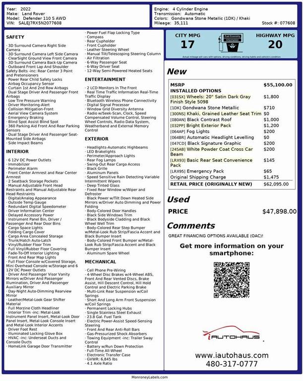 used 2022 Land Rover Defender car, priced at $46,368