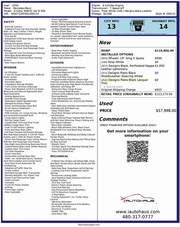 used 2016 Mercedes-Benz G-Class car, priced at $58,998