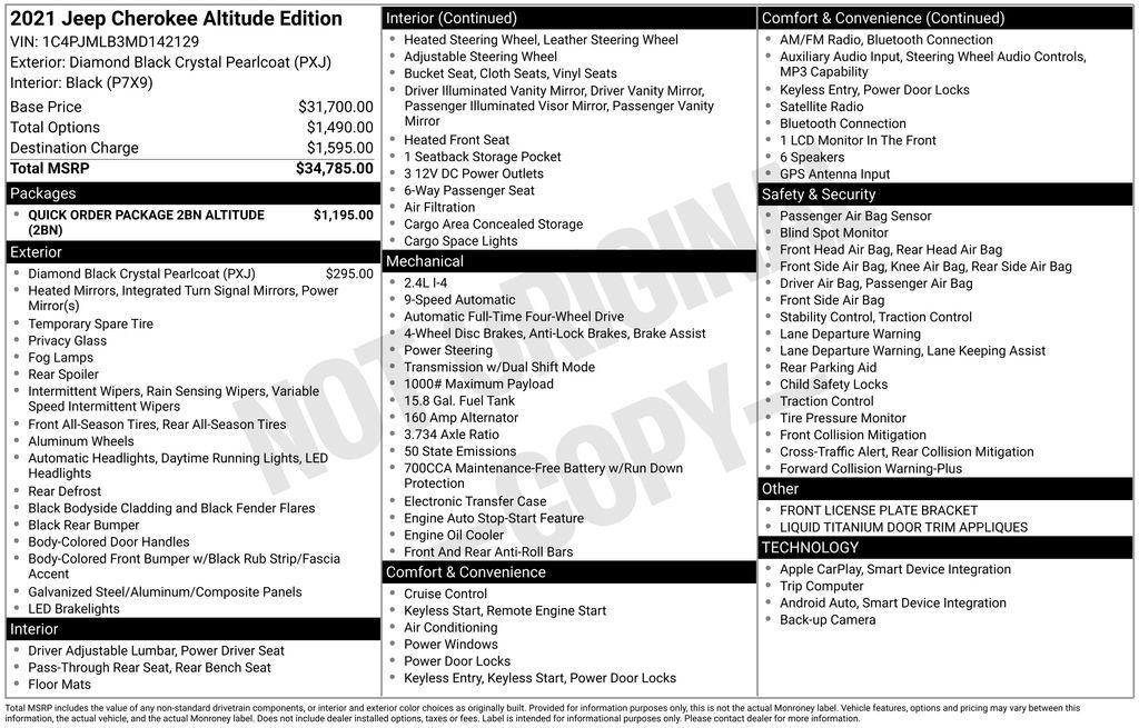 used 2021 Jeep Cherokee car, priced at $17,498