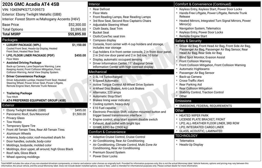 new 2026 GMC Acadia car, priced at $56,634