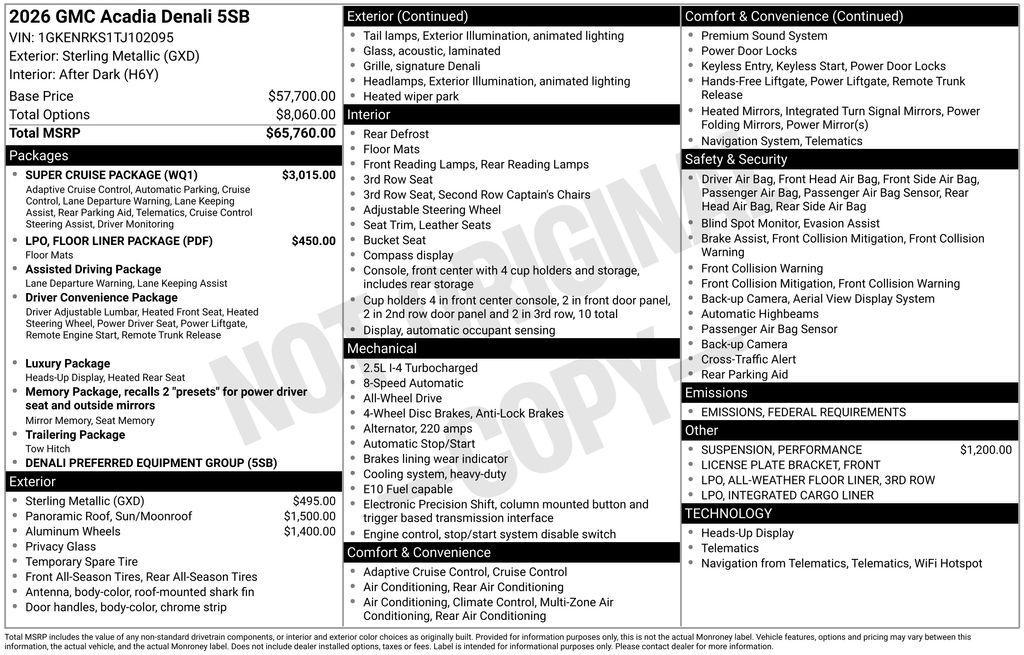 new 2026 GMC Acadia car, priced at $65,625