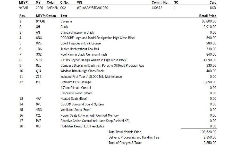 new 2026 Porsche Cayenne car, priced at $108,870