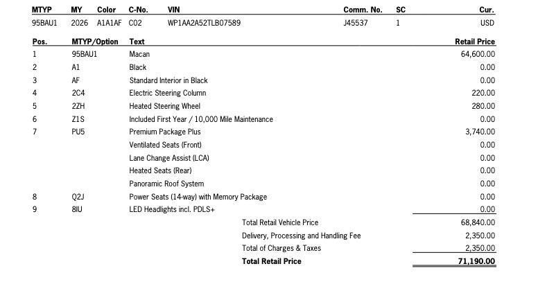 new 2026 Porsche Macan car, priced at $71,190