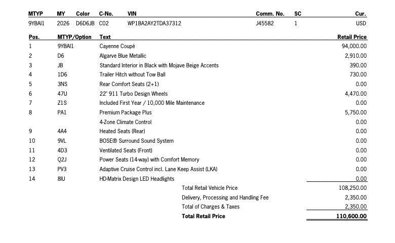 new 2026 Porsche Cayenne car, priced at $110,600