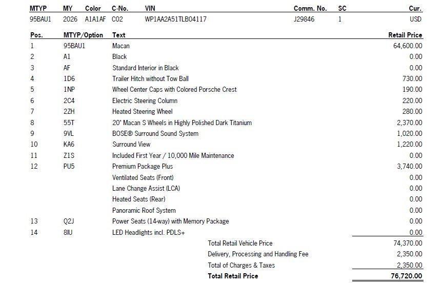 new 2026 Porsche Macan car, priced at $76,720