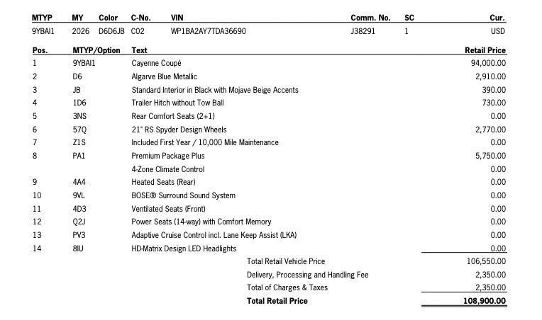 new 2026 Porsche Cayenne car, priced at $108,900