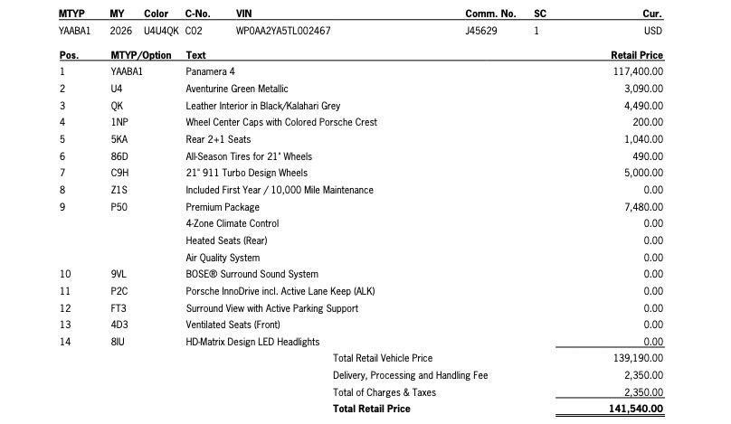 new 2026 Porsche Panamera car, priced at $141,540