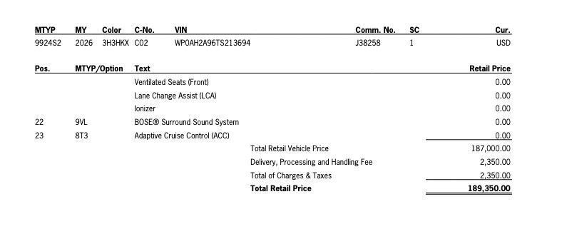 new 2026 Porsche 911 car, priced at $189,350