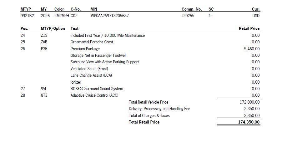 new 2026 Porsche 911 car, priced at $174,350