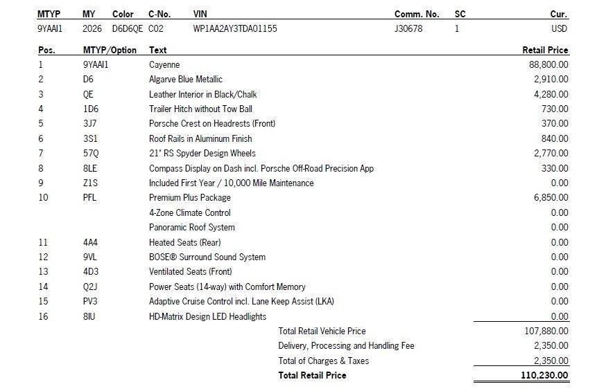new 2026 Porsche Cayenne car, priced at $110,230