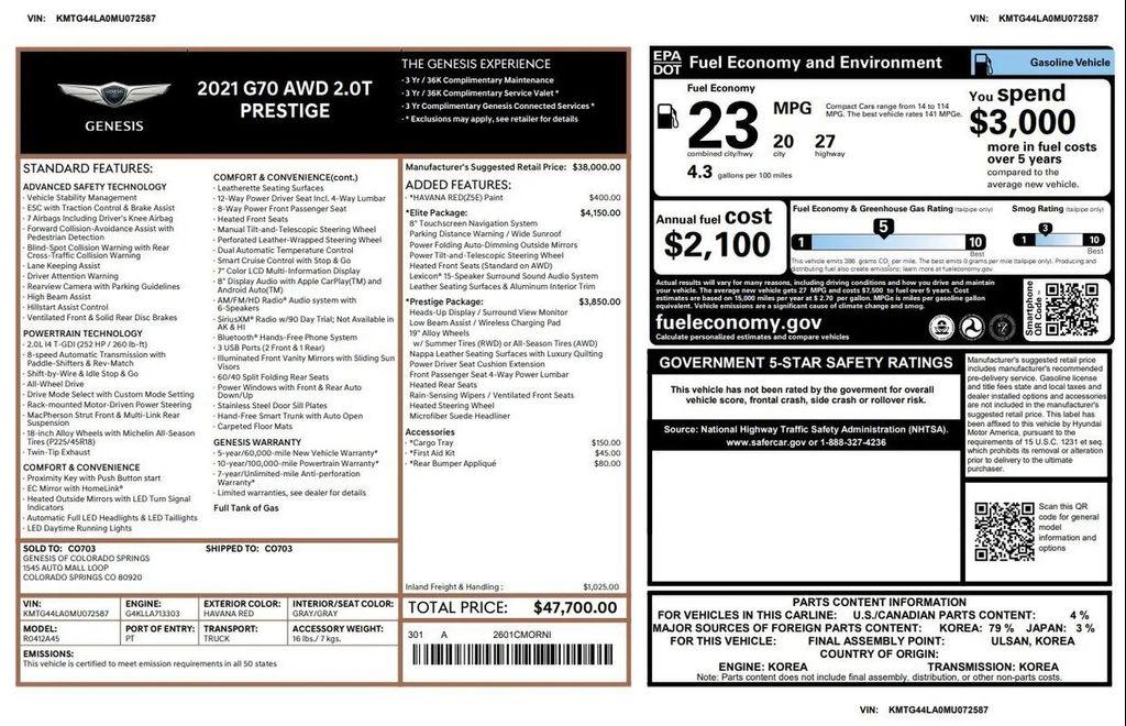 used 2021 Genesis G70 car, priced at $28,999