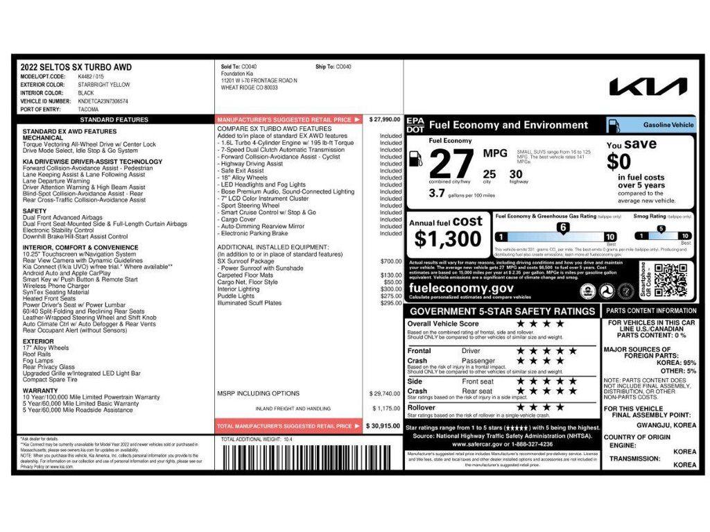 used 2022 Kia Seltos car, priced at $16,971