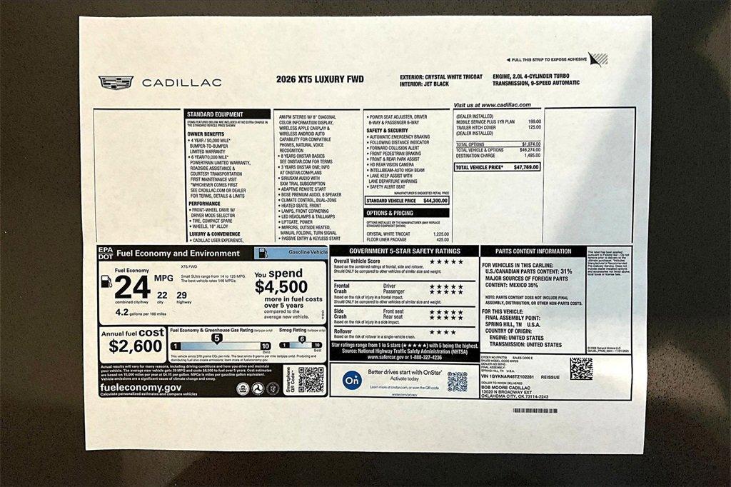 new 2026 Cadillac XT5 car, priced at $46,769