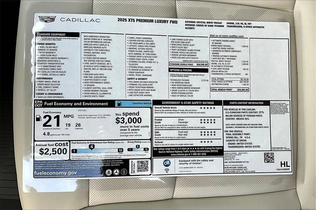 new 2025 Cadillac XT5 car, priced at $55,820