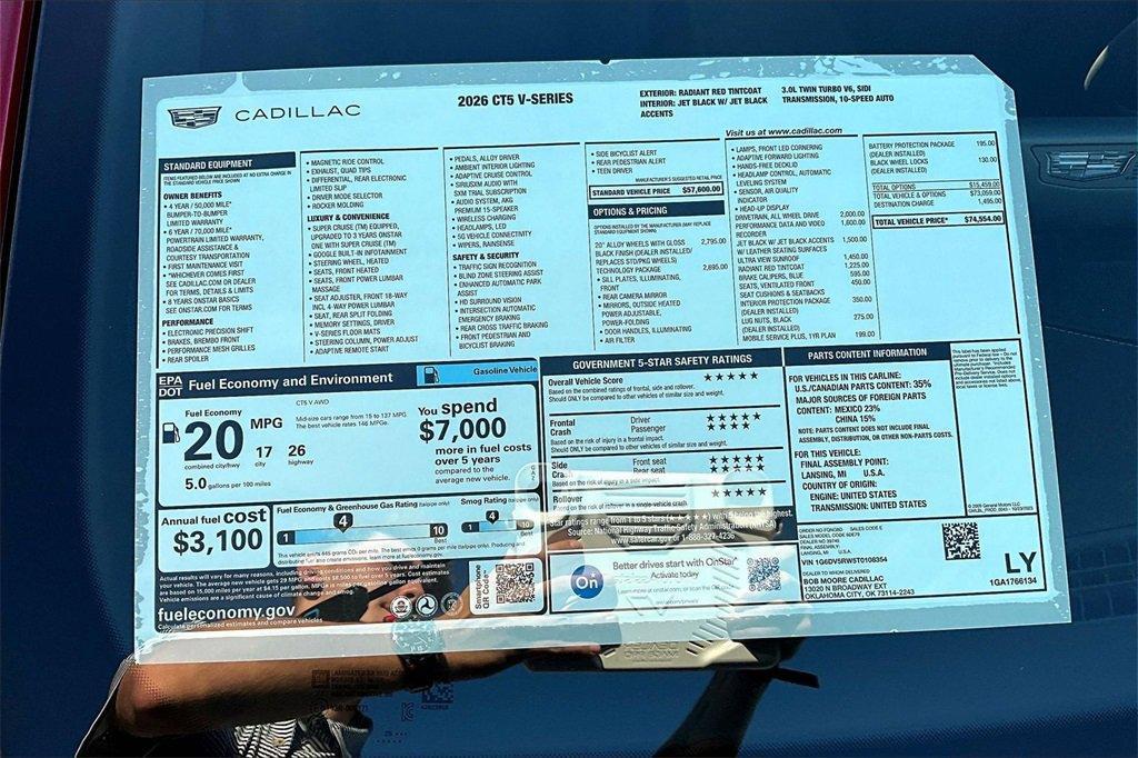 new 2026 Cadillac CT5-V car, priced at $73,554