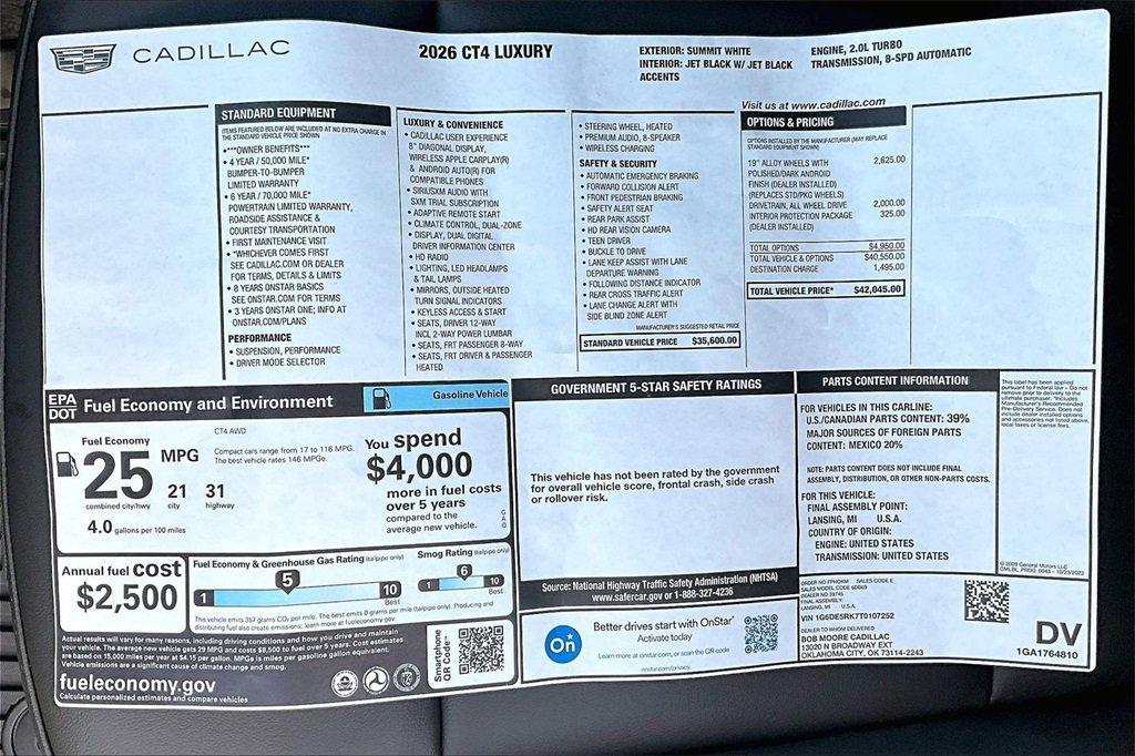 new 2026 Cadillac CT4 car, priced at $41,045
