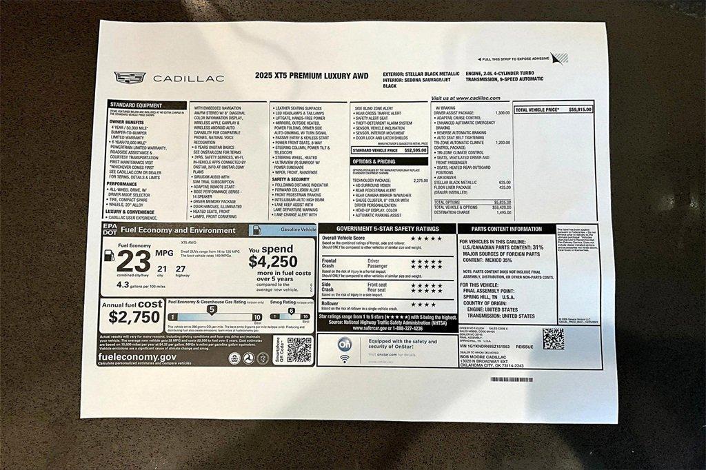 new 2025 Cadillac XT5 car, priced at $58,915