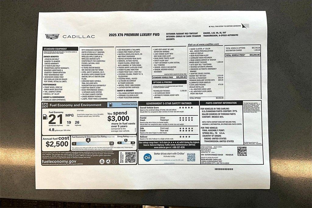 new 2025 Cadillac XT6 car, priced at $62,090