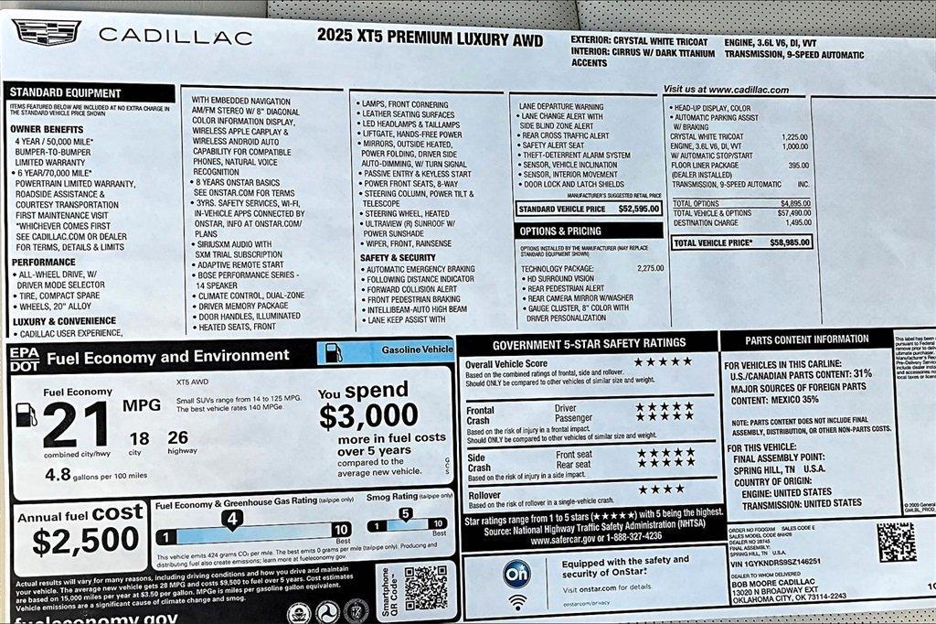 new 2025 Cadillac XT5 car, priced at $58,015